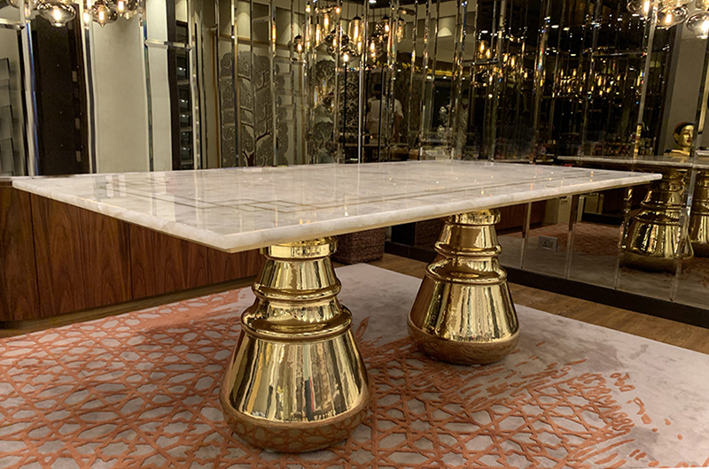 Dining Table in Classic Quartz top with Brass Legs 01